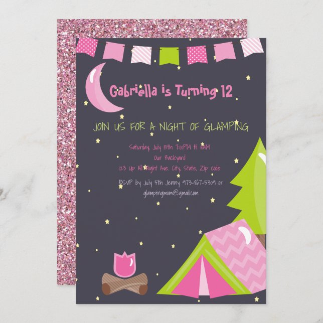 Girls Glamping/Camping Out Birthday Party Invitation (Front/Back)