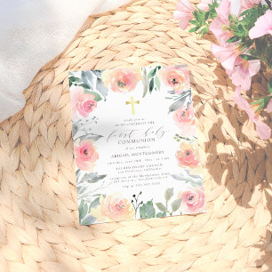 Girl's Gold Cross Pink Floral First Holy Communion Invitation Postcard
