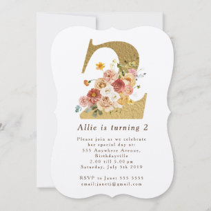 Girls Gold Floral 2nd Birthday Party Invitation