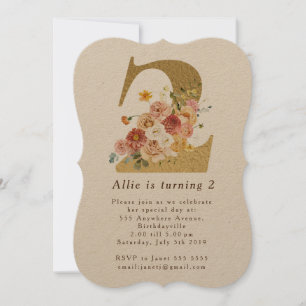 Girls Gold Floral 2nd Birthday Party Invitation