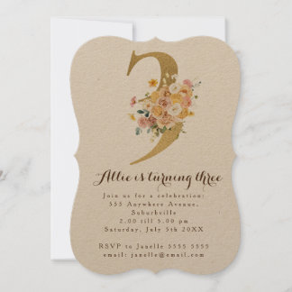 Girls Gold Floral 3rd Birthday Number 3 Party Invitation