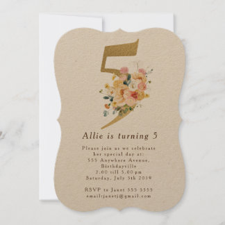Girls Gold Floral 5th Fifth Birthday Party Invitation