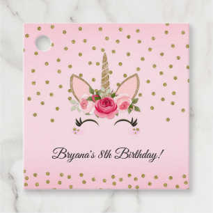 Girls Gold Glitter & Pink Floral Unicorn Party Favour Tags