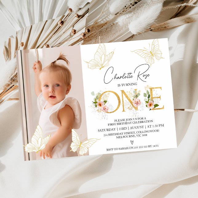 Girls Gold Pink Butterflies Floral 1st Birthday Invitation (Butterflies Floral 1st Birthday Invitation Girl, Gold Word Pink Floral, Gold Butterflies, First)