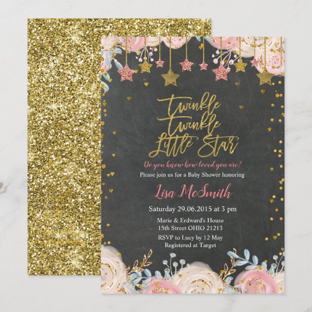 Girls Gold Twinkle Little Star Baby Shower Invitation (Front/Back)