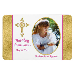 Girls Gold White Pink Holy Communion Photo Magnet
