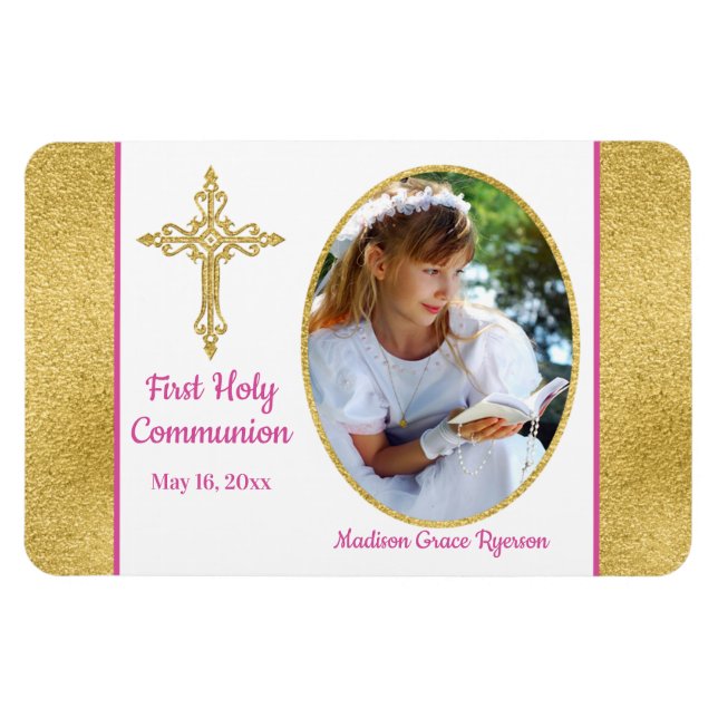Girls Gold White Pink Holy Communion Photo Magnet (Horizontal)