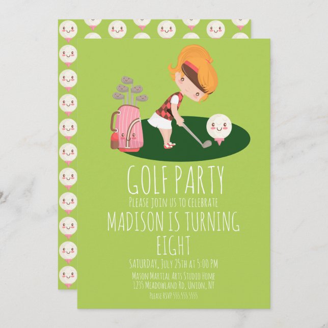 Girls Golf Cute Birthday Party  Invitation (Front/Back)