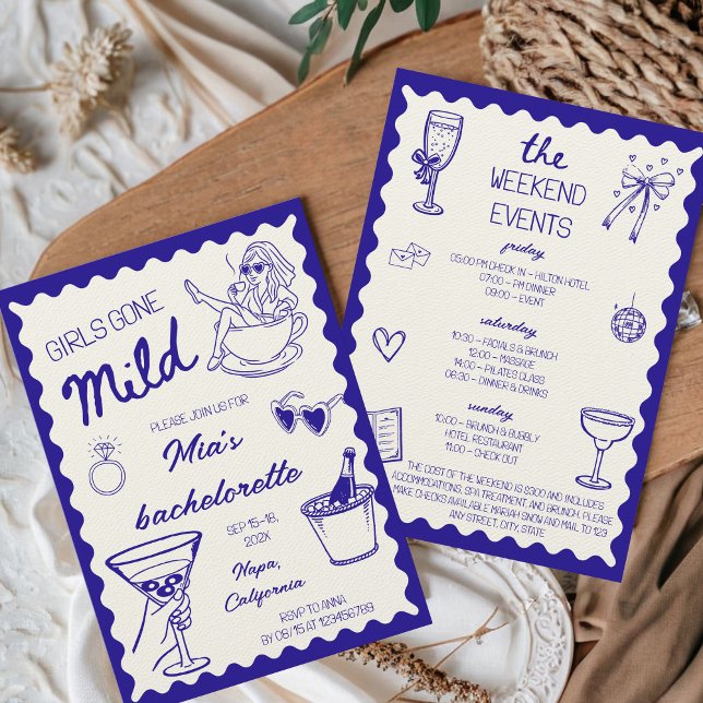 Girls Gone Mild Spa Day Bachelorette Hand Drawn Invitation (Girls Gone Mild Bachelorette Weekend Invitation Blue Hand Drawn Spa Day Casual Cute)