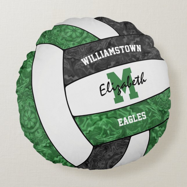 girls green black volleyball club colours round cushion (Front)