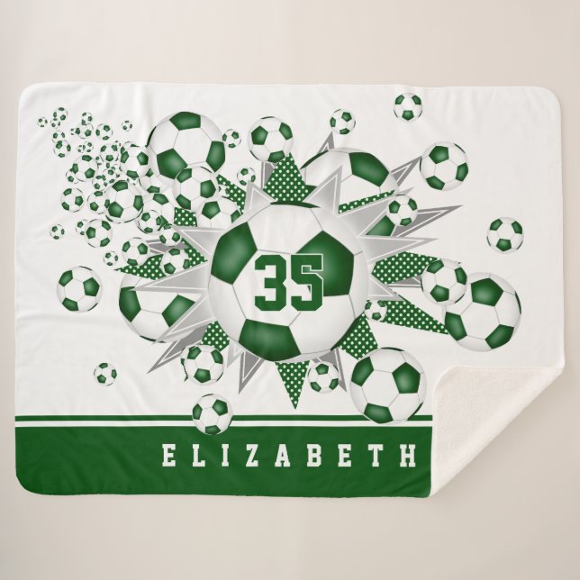 girls green white sports soccer balls stars  sherpa blanket (Front (Horizontal))