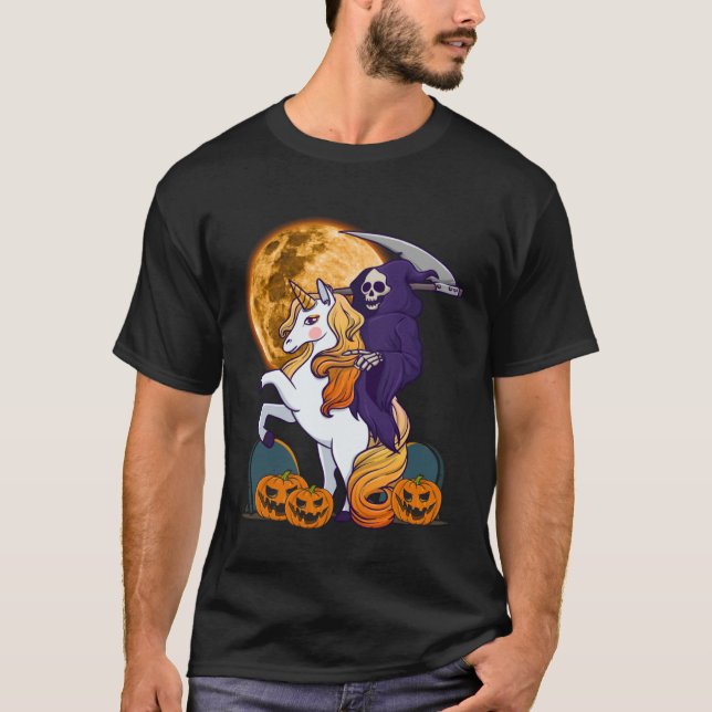 Girls Grim Reaper Riding a Unicorn Spooky Hallowee T-Shirt (Front)