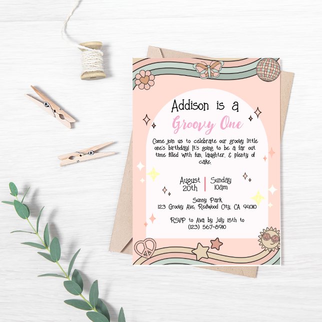 Girl's Groovy One Birthday Invitation (Creator Uploaded)