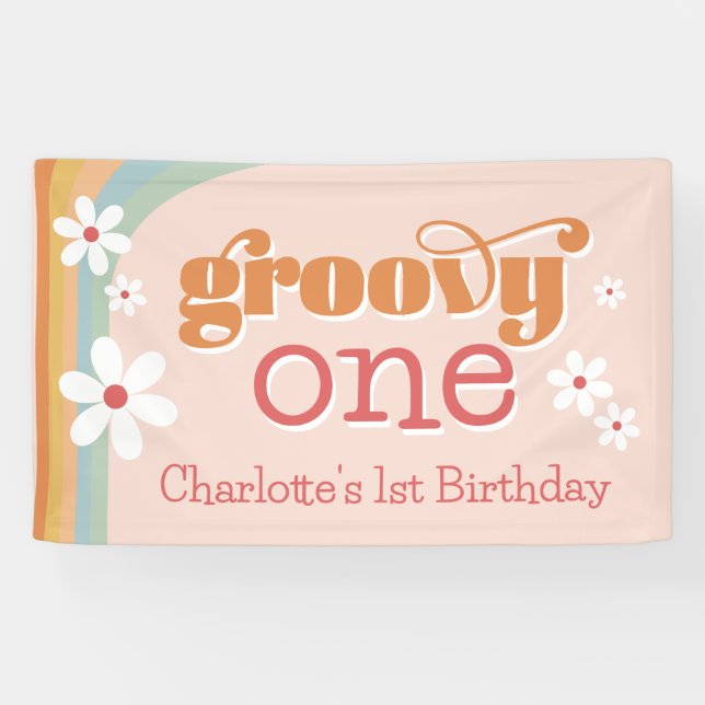 Girl's Groovy One Retro Daisies 1st Birthday Banner (Horizontal)