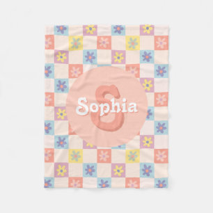 Girls Groovy Pink Retro 70s Kids Monogram Fleece Blanket