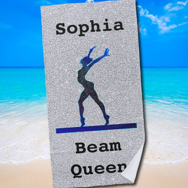 Girls Gymnastics Beam Queen Faux Glitter Beach Towel (Beam Queen Gymnast Design for Girls Who Love the Balance Beam)