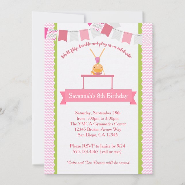 Girls Gymnastics Birthday Invitation (Front)