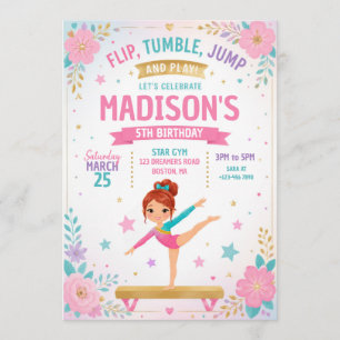 Girls Gymnastics Birthday Part  Invitation
