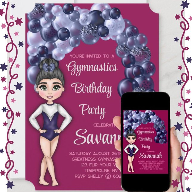 Girls Gymnastics Birthday Party Blue and Magenta Invitation (Beautiful Gymnastics Girls Birthday Party Invitation with blue sparkle balloon arch)