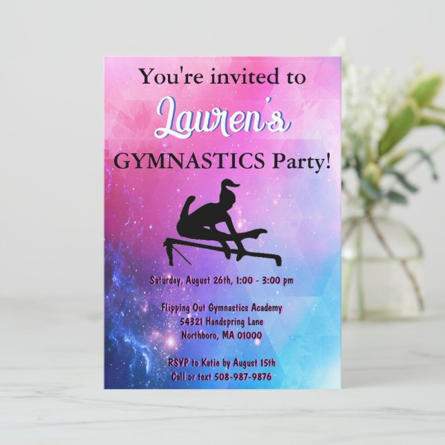 Girls Gymnastics Birthday Party Invitation (Standing Front)