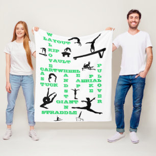 Girls Gymnastics Crossword White, Green  & Black Fleece Blanket