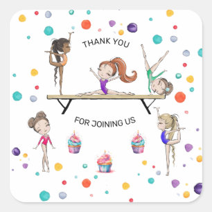 Girls Gymnastics Cupcake Birthday Party Favor Square Sticker