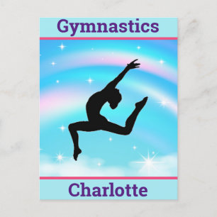 Girls Gymnastics Leap Rainbow Clouds Postcard
