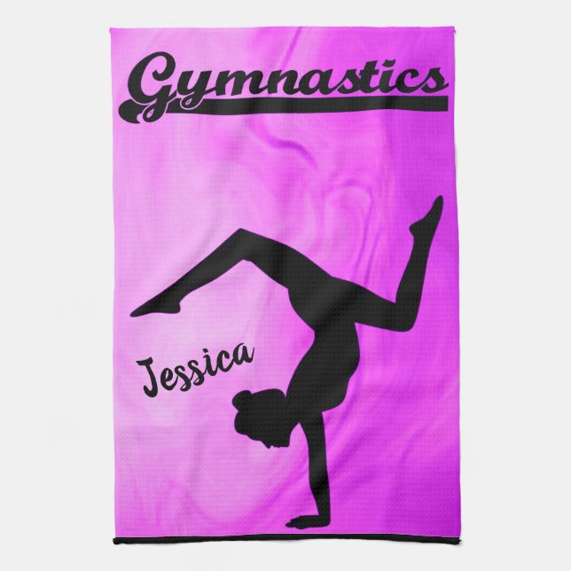 Girls Gymnastics Purple Swirl Personalised   Tea Towel (Vertical)