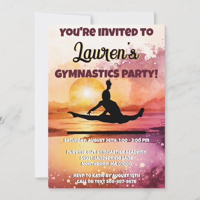Girls Gymnastics Sunset Beach Birthday  Invitation (Front)