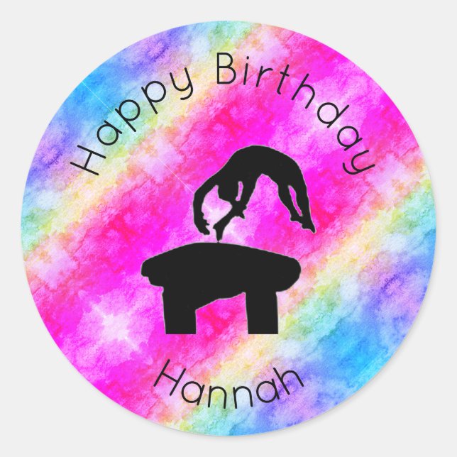 Girls Gymnastics Vault "Happy Birthday" Watercolor Classic Round Sticker (Front)