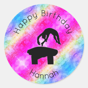 Girls Gymnastics Vault "Happy Birthday" Watercolor Classic Round Sticker