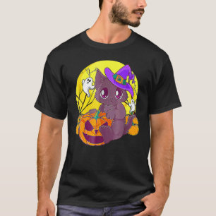 Girls Halloween Cat Pumpkin Witch Hat Orange Costu T-Shirt