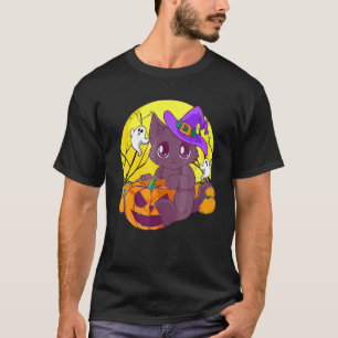 Girls Halloween Cat Pumpkin Witch Hat Orange Costu T-Shirt