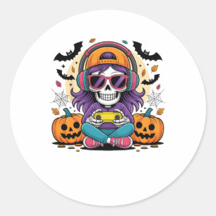Girls Halloween Skeleton Gamer Video Gaming Girl T Classic Round Sticker