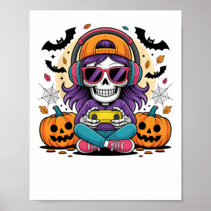 Girls Halloween Skeleton Gamer Video Gaming Girl T Poster
