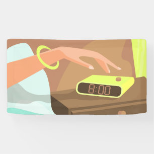 Girls hand pushing on alarm clock snooze button banner
