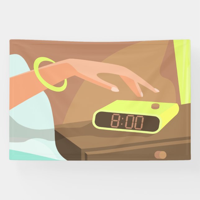 Girls hand pushing on alarm clock snooze button banner (Horizontal)