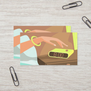 Girls hand pushing on alarm clock snooze button business card