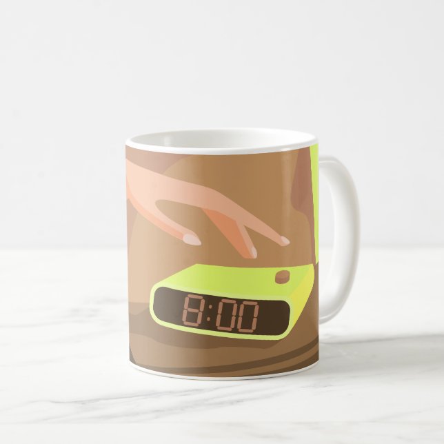 Girls hand pushing on alarm clock snooze button coffee mug (Front Right)