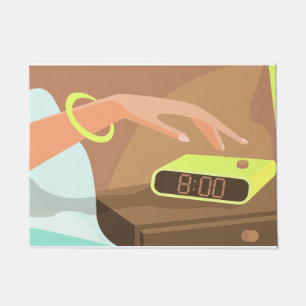Girls hand pushing on alarm clock snooze button doormat