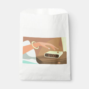 Girls hand pushing on alarm clock snooze button favour bag