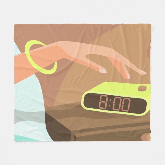 Girls hand pushing on alarm clock snooze button fleece blanket (Front (Horizontal))