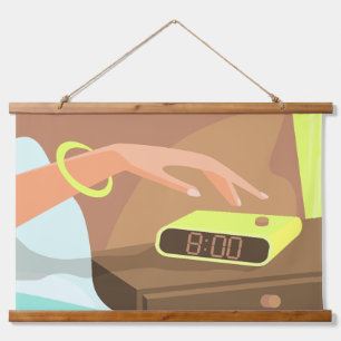 Girls hand pushing on alarm clock snooze button hanging tapestry