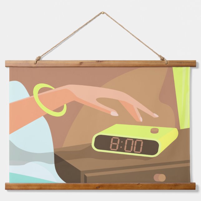 Girls hand pushing on alarm clock snooze button hanging tapestry (Front)