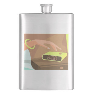 Girls hand pushing on alarm clock snooze button hip flask