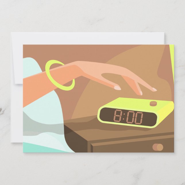 Girls hand pushing on alarm clock snooze button holiday card (Front)