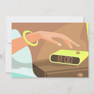 Girls hand pushing on alarm clock snooze button invitation