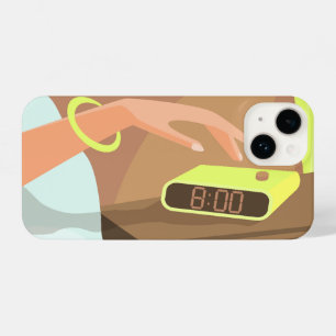 Girls hand pushing on alarm clock snooze button iPhone 14 case