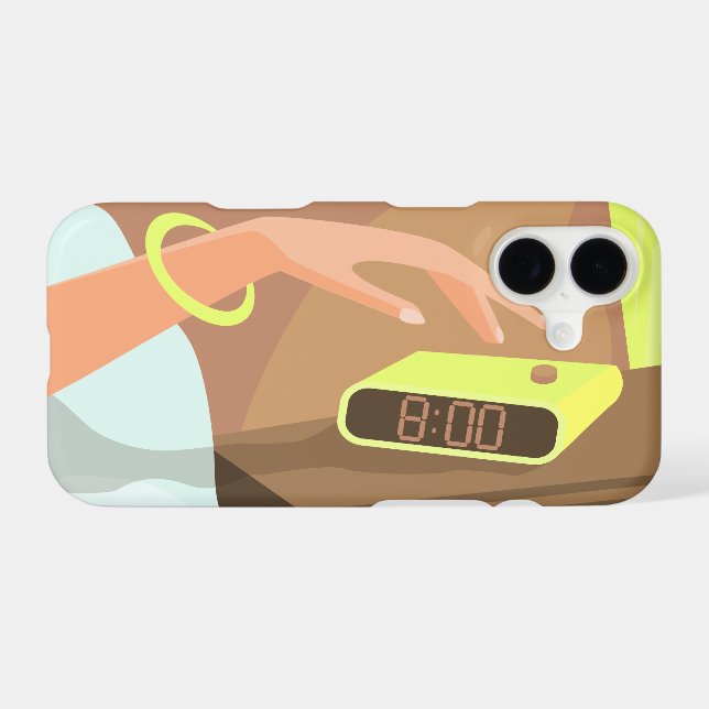 Girls hand pushing on alarm clock snooze button iPhone case (Back Horizontal)