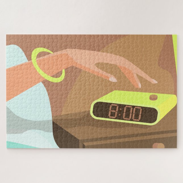 Girls hand pushing on alarm clock snooze button jigsaw puzzle (Horizontal)